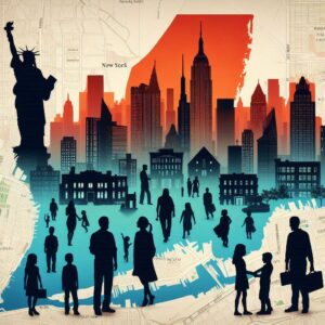 An artistic representation of New York City featuring iconic buildings in the skyline. A silhouette of the New York State map is included, along with illustrations of diverse individuals, both young and old, symbolizing community and inclusivity. The text 'NY Health Insurance for Unemployed and Working Poor' highlights the focus on accessible healthcare options.