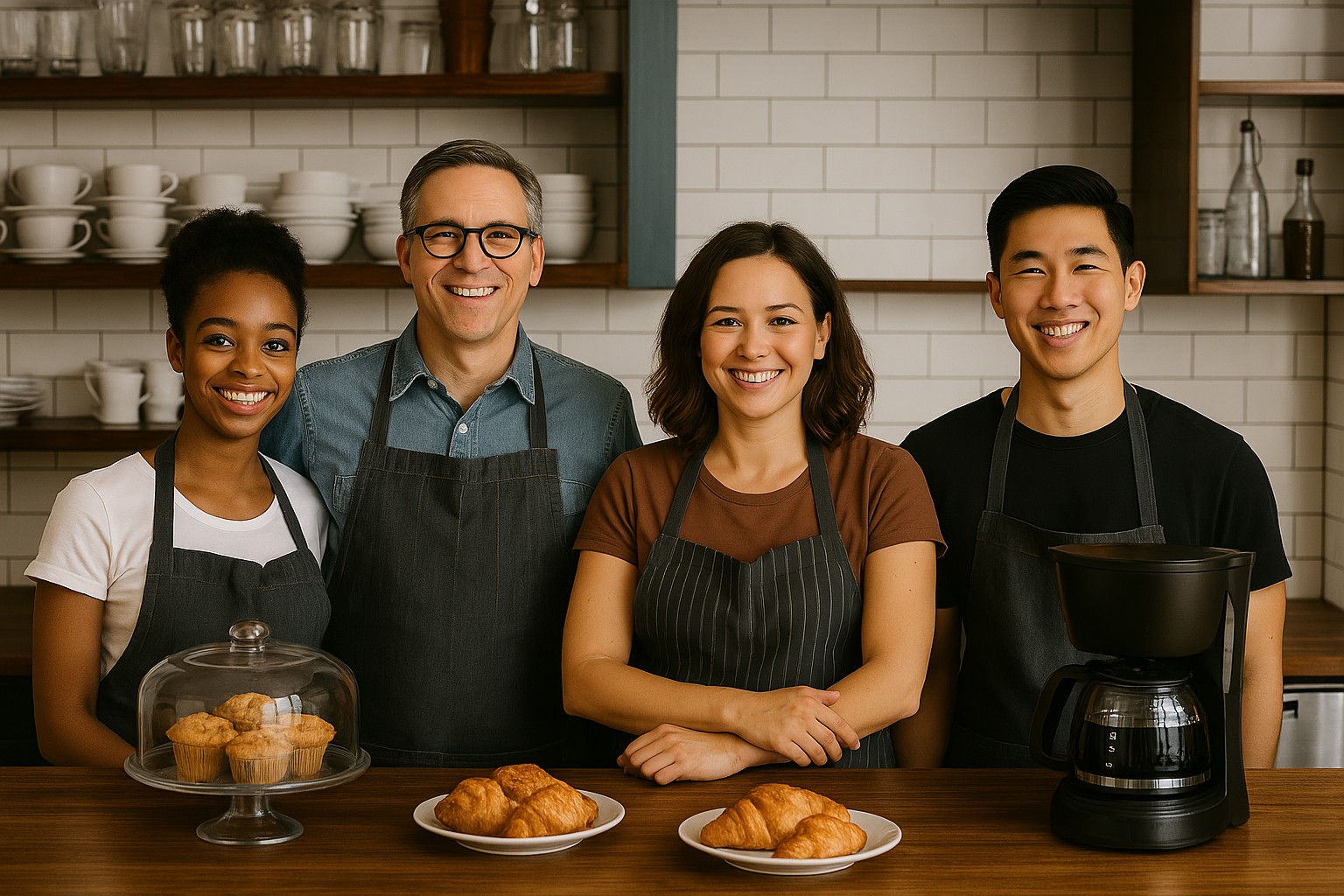 Owner and staff of a Brooklyn café smiling behind the counter after enrolling in Healthy NY