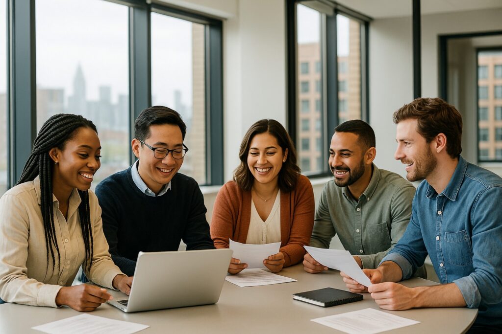 Diverse small business team in a New York City office meeting about health insurance