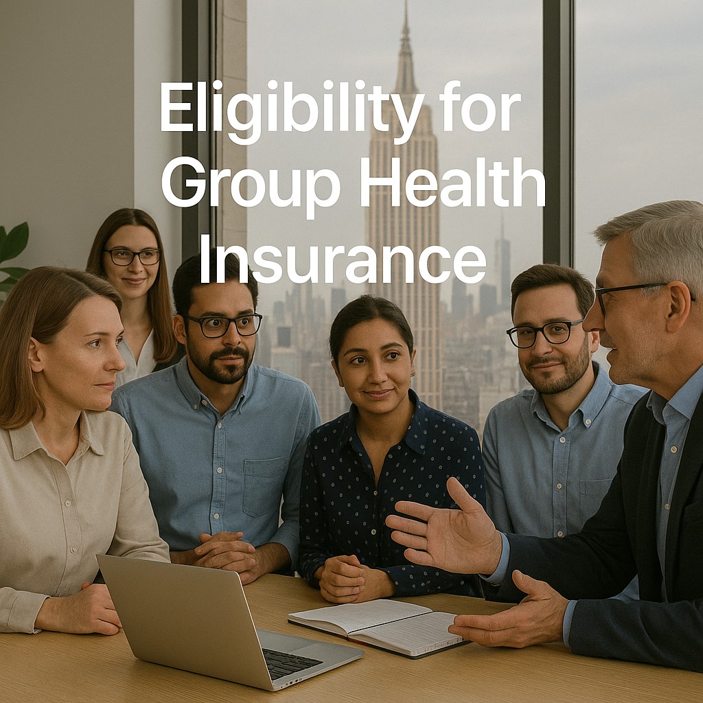 Small business owners discussing eligibility for group health insurance in a professional NY office with a view of the Empire State Building in the background.