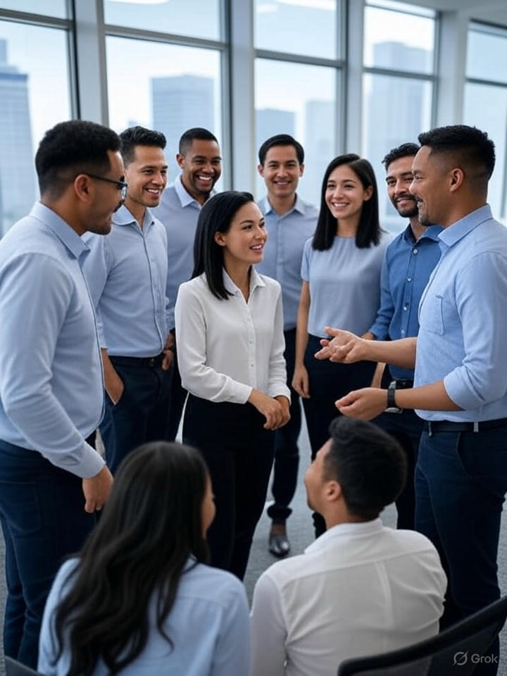 Happy employees discussing group health insurance benefits in a vibrant NY office with a view of One Penn 1 in the background