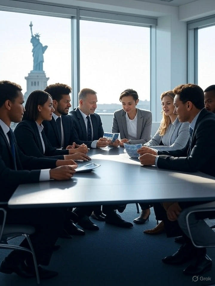 Small business owners meeting with health insurance provider representatives in a professional NY conference room with a view of the Statue of Liberty in the background