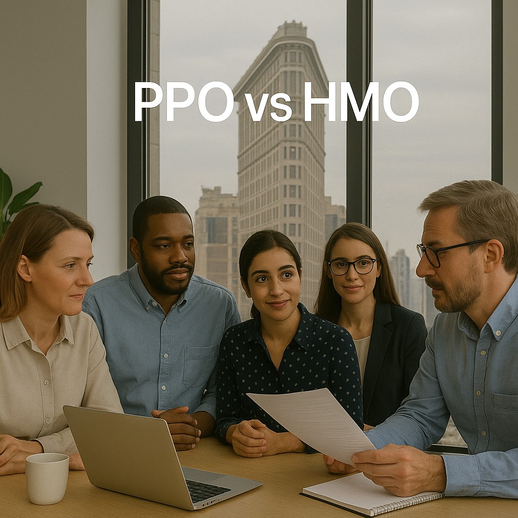 Small business owners comparing PPO and HMO health insurance plans in a modern NY office with a view of the Flatiron Building in the background.