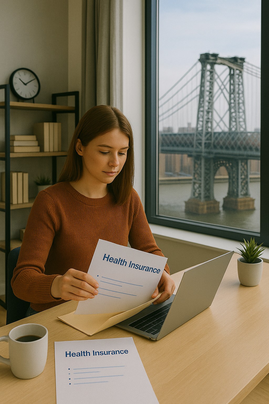 Self-employed professional organizing health insurance documents in a modern NY home office with a view of the Williamsburg Bridge in the background