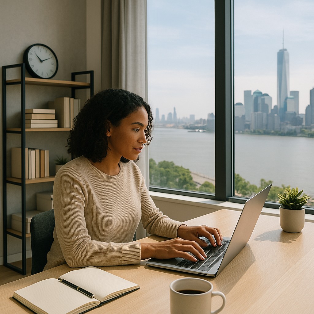 Self-employed professional working in a modern NY home office with a view of the Hudson River in the background.