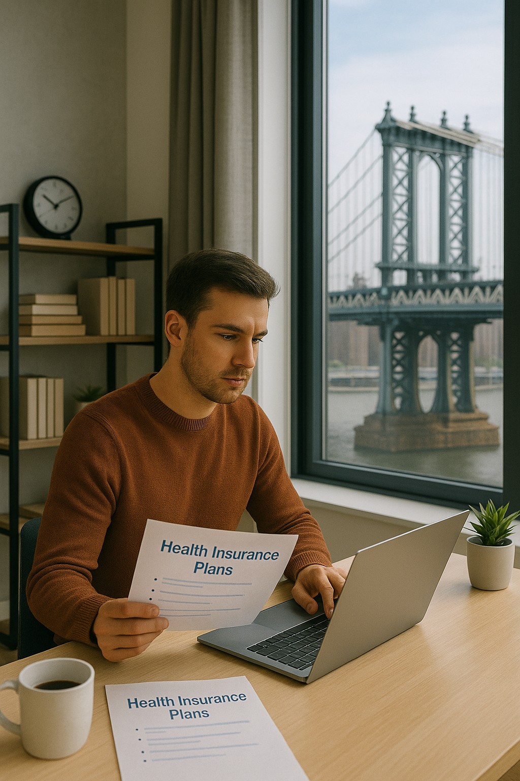 Self-employed professional comparing health insurance plans in a modern NY home office with a view of the Manhattan Bridge in the background.