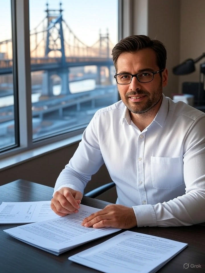 Self-employed professional reviewing PPO plan documents in a modern NY home office with a view of the Queensboro Bridge in the background.