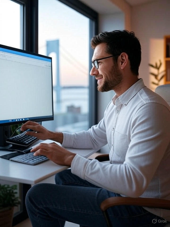 Self-employed professional applying for subsidies online in a modern NY home office with a view of the Verrazzano-Narrows Bridge in the background