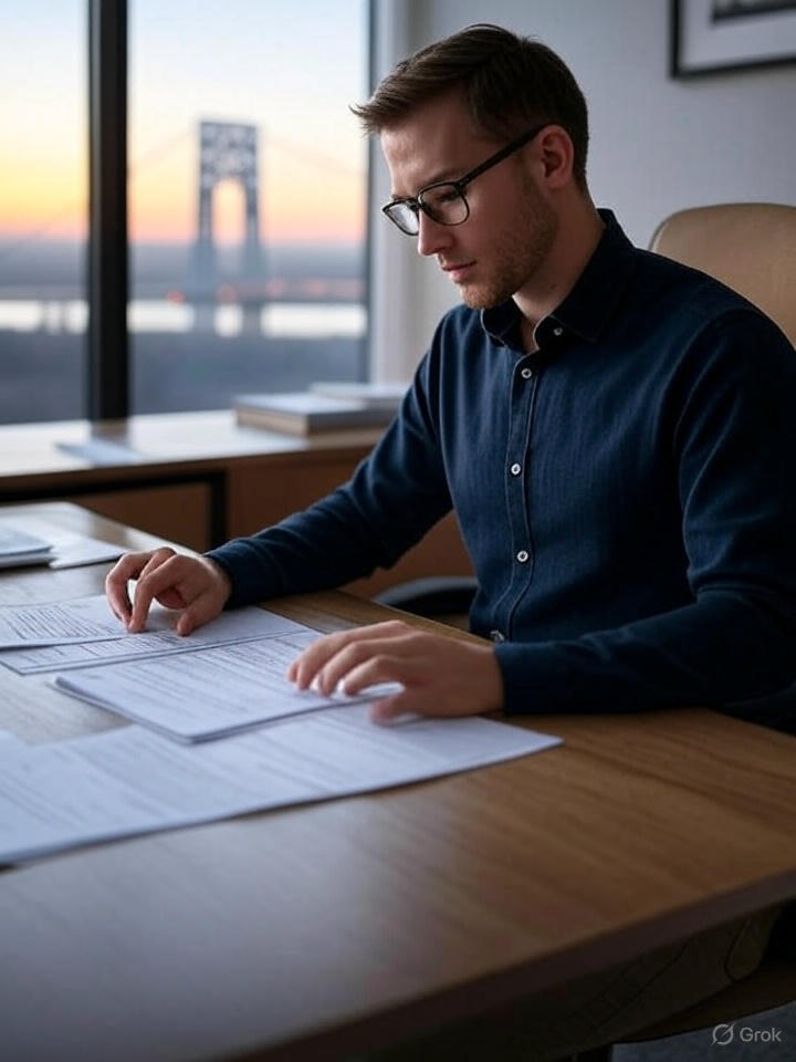 Self-employed professional reviewing tax documents in a modern NY home office with a view of the George Washington Bridge in the background