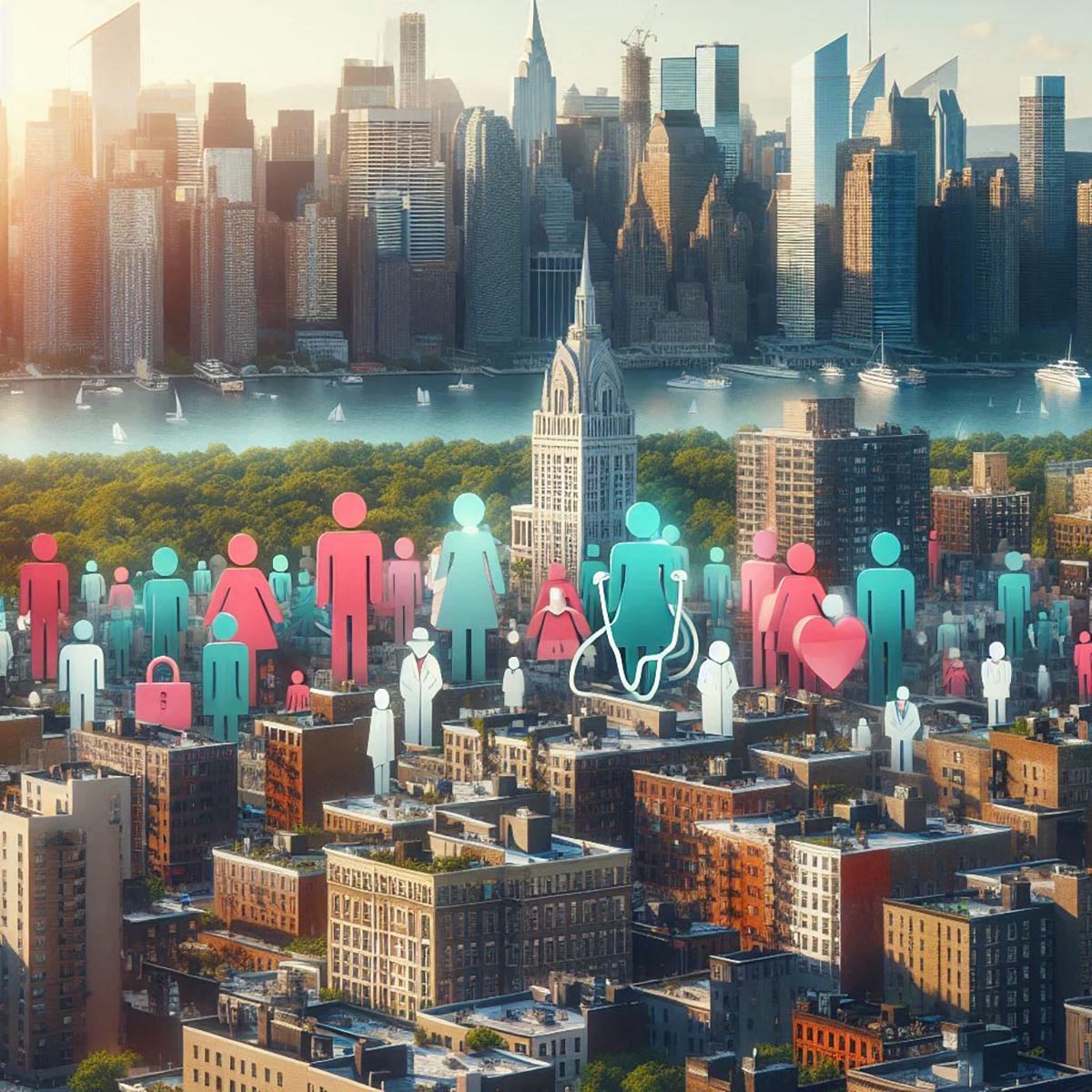 New York skyline with people, representing the diverse residents benefiting from the Essential Plan