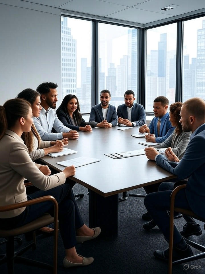 Small business owners discussing group health insurance in a modern NY office with a generic NYC skyline in the background