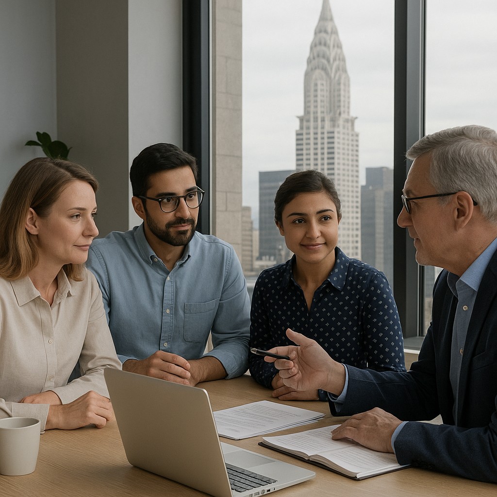 Small business owners consulting with a tax advisor in a modern NY office with a view of the Chrysler Building in the background