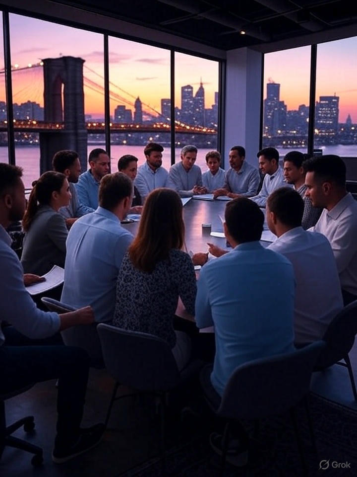NYC small business owners discussing health insurance in an artistic loft with Brooklyn Bridge at sunset in the background.