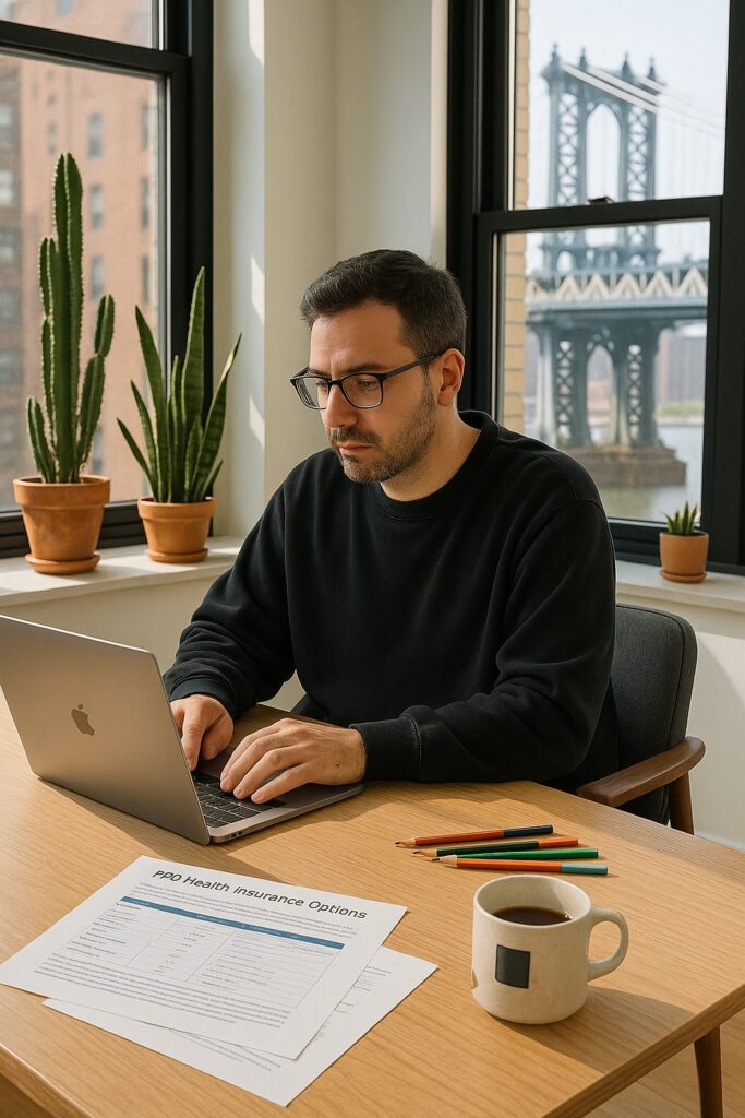 Self-employed designer comparing medical insurance NY options in a Brooklyn apartment