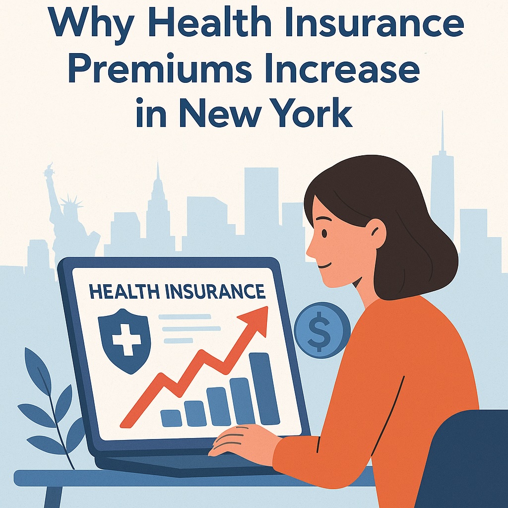 Illustration of a person reviewing rising health insurance premiums on a laptop with a New York skyline in the background