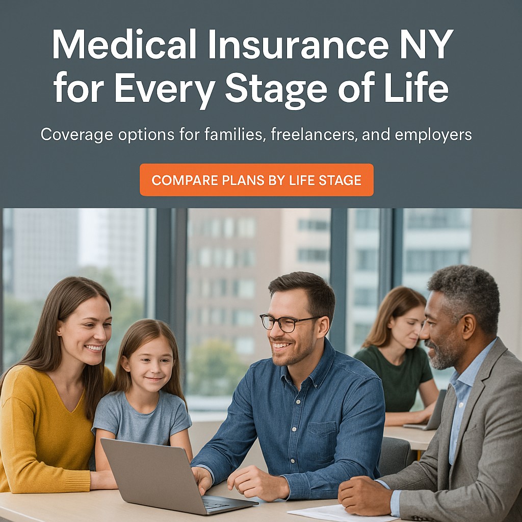 Families, freelancers, and business owners exploring medical insurance NY options in a modern New York office.