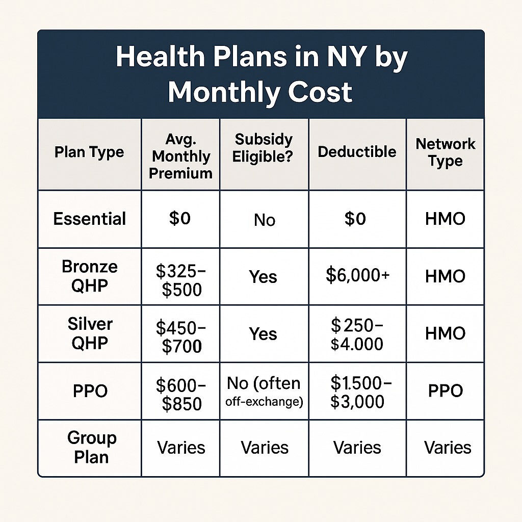 Comparison table of health plans in NY by premium, deductible, and network type