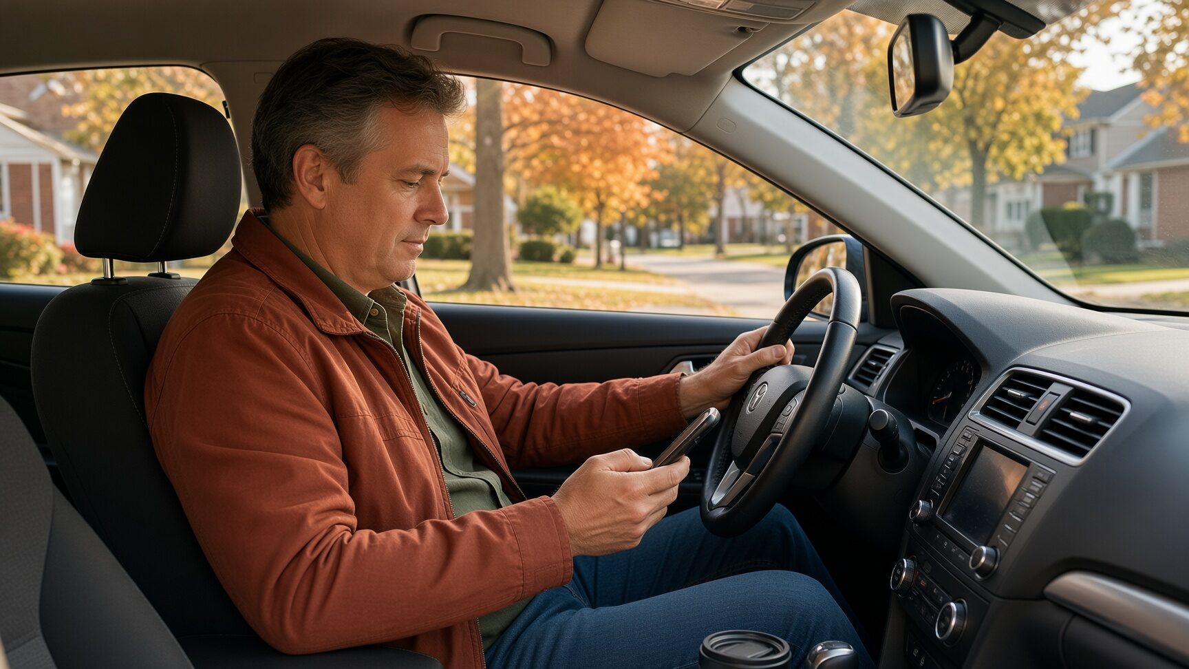 Capital Region commuter checking albany health insurance options from a parked car in Delmar